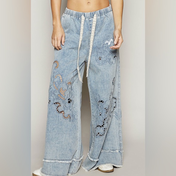 POL Pants - POL Small Blue Denim Embroidered Wide-Leg Cut Out Pants